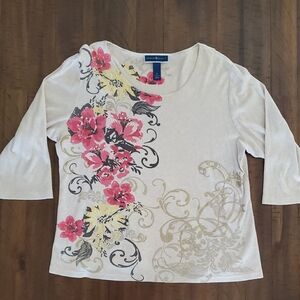 EUC Karen Scott Women's 100% Cotton Floral 3/4 Sleeve Top - Size XL